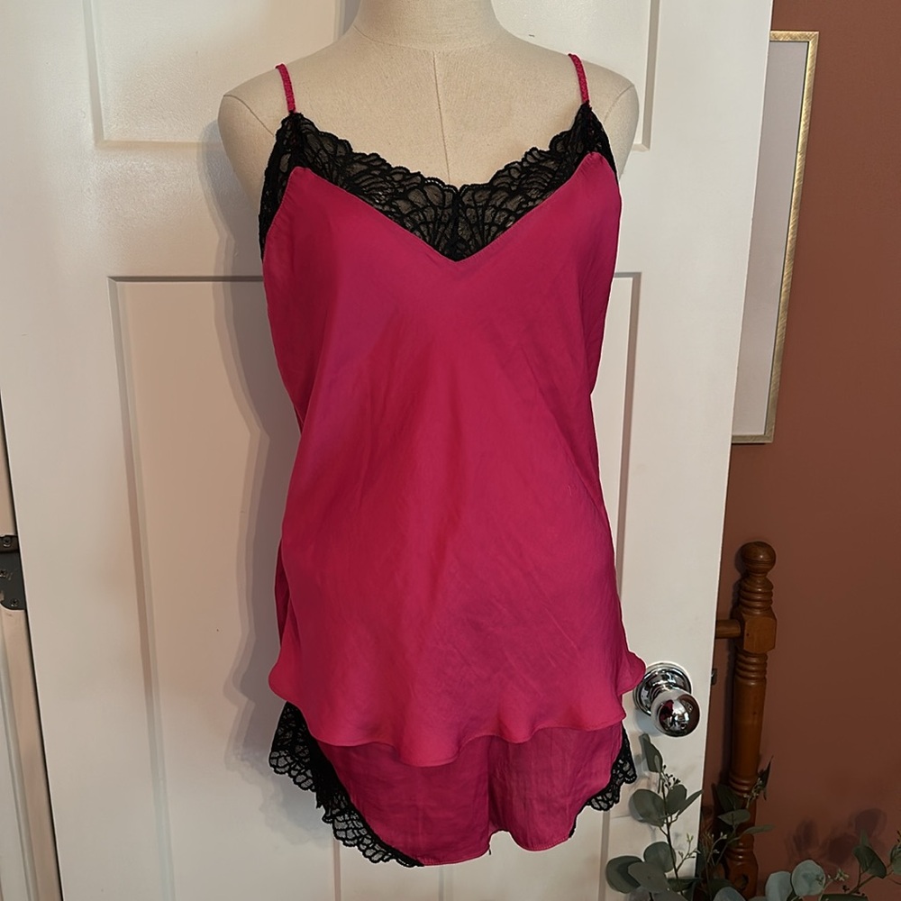 Josie NATORI 2-piece cami shorts hot pink & black lace L polyester pajamas - Picture 13 of 13